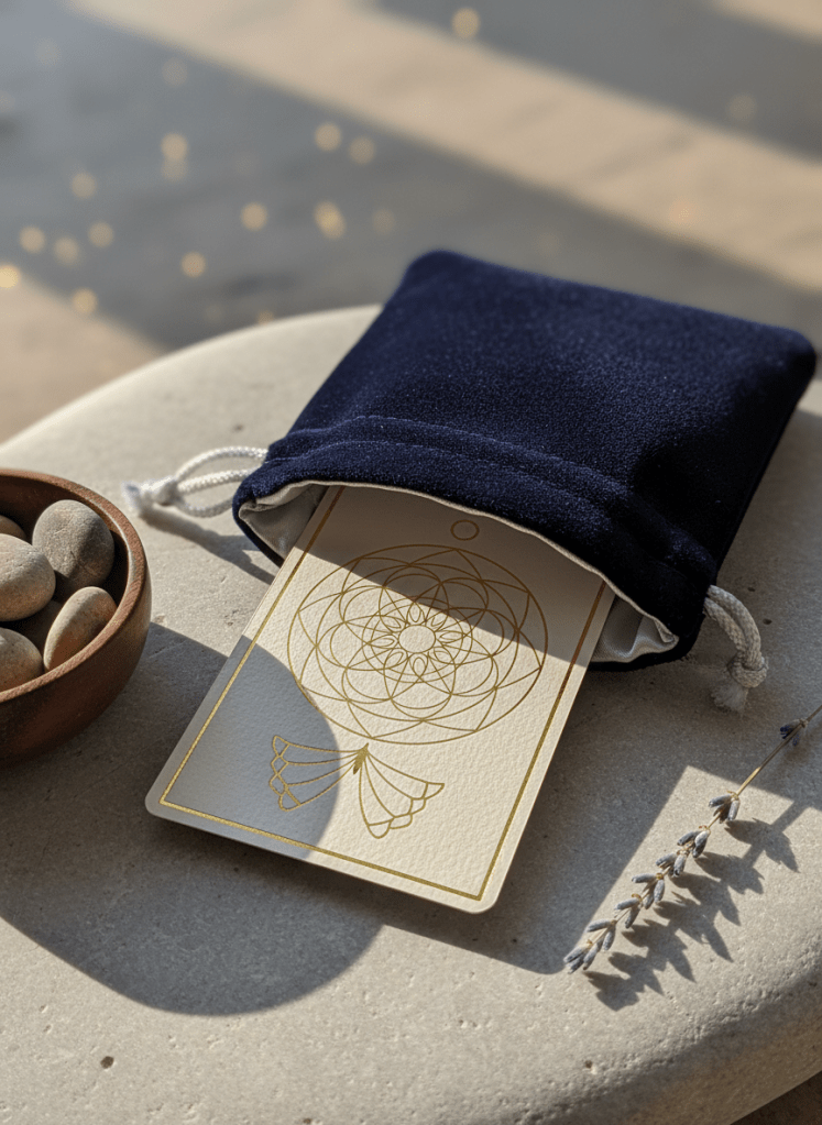 A close-up photographic image of a single tarot card representing transformation, partially lifted from a luxurious midnight-blue velvet pouch with a satin lining. The card’s minimalist yet mystical design features a subtle mandala and shimmering gold foil details. It rests on a pale stone surface, with a small bowl of smooth river stones and a sprig of dried lavender nearby. Late afternoon natural light pours in from the side, casting soft, elongated shadows and highlighting the textures of fabric, stone, and paper. Captured from a slightly elevated angle with a refined, minimalist composition and gentle bokeh background, creating an atmosphere of introspection and quiet sophistication.