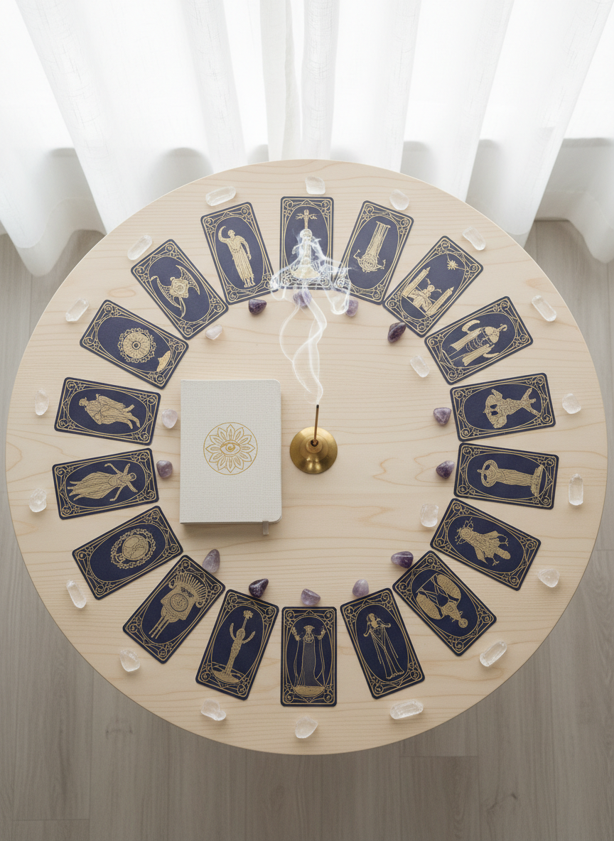 An overhead photographic view of a circular tarot spread designed for self-knowledge and evolution, set on a round, light-wood table. Cards fan out in a mandala-like pattern, interwoven with small crystal points, a slender brass incense holder with a delicate wisp of smoke, and a closed linen-bound journal with a gold-embossed sigil. Soft, diffused daylight filters through sheer curtains, creating a calm, milky illumination with almost no harsh shadows. The composition is perfectly centered, with crisp focus across the entire frame, emphasizing geometric harmony and balance. The mood is introspective, holistic, and subtly mystical, blending modern minimalism with timeless esoteric symbolism for a refined, integrative space.