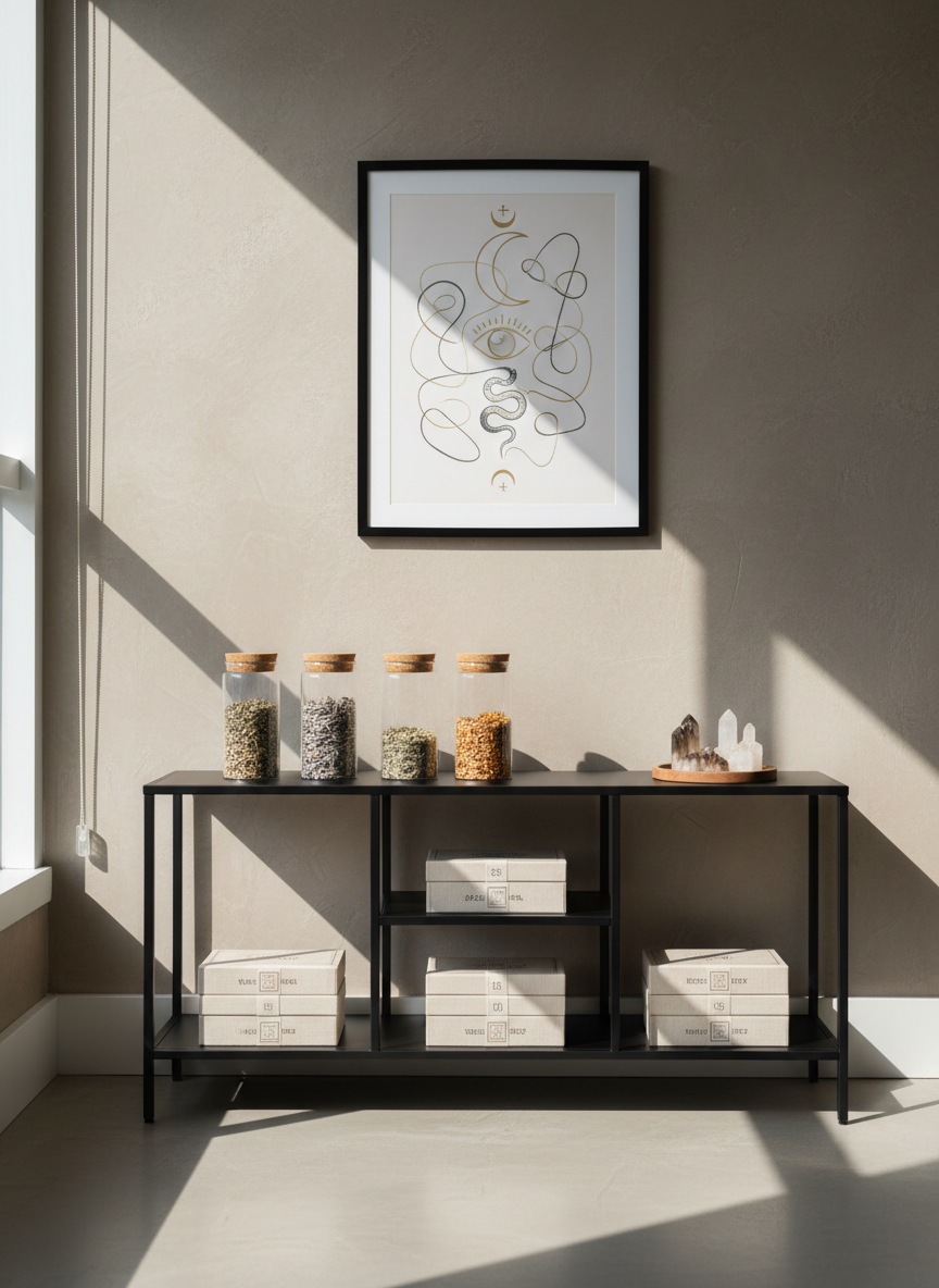 A serene corner of a holistic studio dedicated to evolutionary tarot work, captured in photographic realism. A low, matte-black metal shelf holds neatly stacked tarot decks in linen-wrapped boxes, next to glass apothecary jars filled with dried herbs and a few carefully chosen crystals in neutral tones. Behind, a textured, warm-gray wall displays a single abstract print inspired by tarot symbolism in muted gold and charcoal. Late-morning natural light streams from the left, washing the scene in a soft glow and creating gentle linear shadows. Shot at eye level with a balanced composition and medium depth of field, the image feels calm, organized, and sophisticated, reflecting an integrative, contemporary spiritual space without visual clutter.