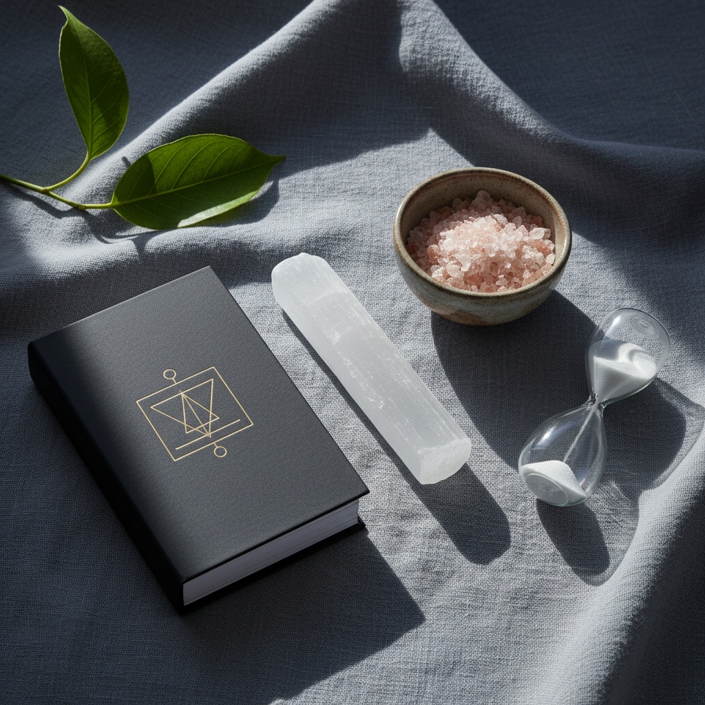 A refined still life of holistic tools used in evolutionary tarot practice, arranged on a slate-gray linen cloth. A closed, matte-black tarot deck with a subtle geometric gold sigil sits beside a smooth selenite wand, a small ceramic bowl of Himalayan salt, and a sand-timer with fine white sand mid-fall. A single green leaf from an unseen plant enters the frame from the upper corner, adding organic contrast. Soft, cool daylight from above creates delicate highlights on crystal edges and sand glass, with understated shadows enhancing texture. Photographic realism, shot from a slightly elevated angle using the rule of thirds, with a quiet, contemplative, and luxurious mood that aligns with a sophisticated holistic space.